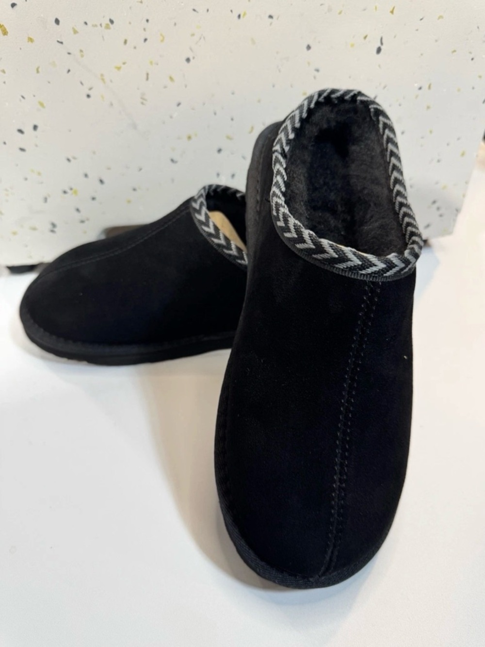 BearPaw Women's Black Suede Slip-On Slippers with Chevron Trim